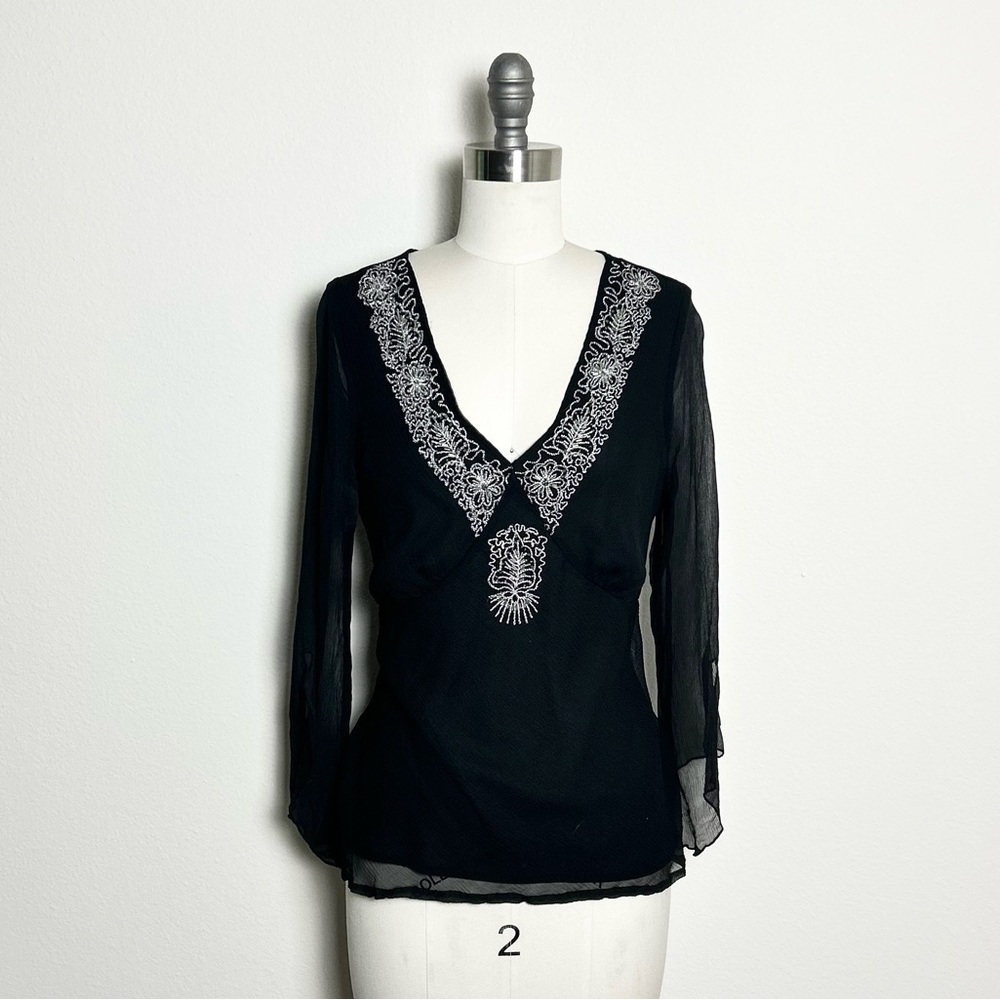 Vintage NYC Design Co. 100% Silk Black Embroidered Blouse Size S